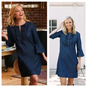 DRAPER JAMES Chambray Ruffle Shift Dress Sz 2 Flirty Feminine Minimalist ASOC